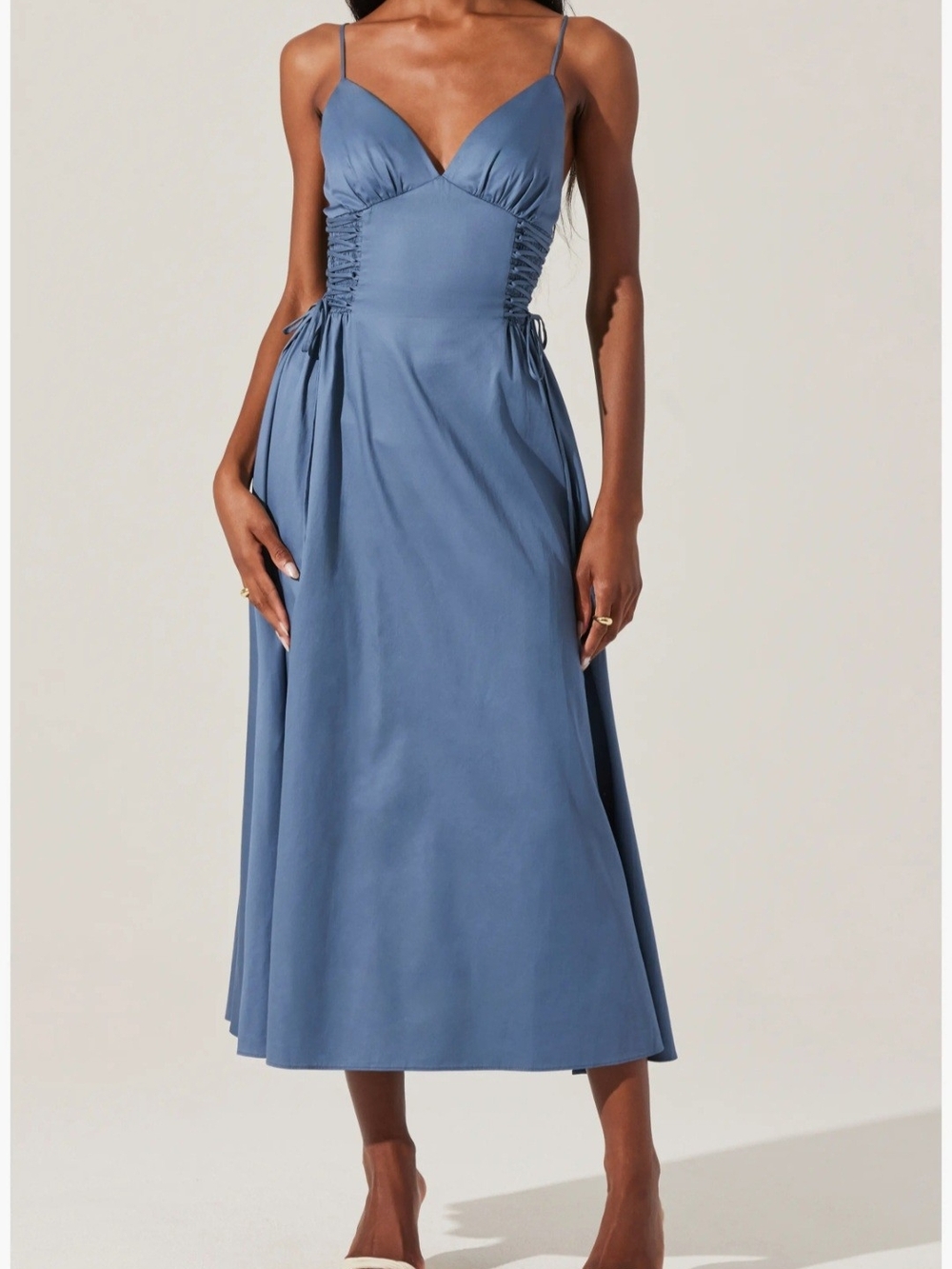 NEW NO TAGS Astr Blue Ruched-Side Spaghetti-Strap Midi Dress